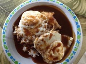 Loco Moco: Hamburger Patty, Fried Egg and Gravy Served Over Rice