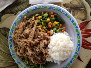 Kalua Pork (cooked in an imu, an underground pit) with Rice and Veggies