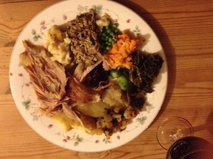 Christmas Dinner: Roast Turkey, Nut Loaf, Stuffing, Mashed Carrots and Turnip, Roast Potatoes, Mashed Potatoes, Peas, Brussels Sprouts, Apple Sauce, Cranberry Sauce, and Two Types of Gravy